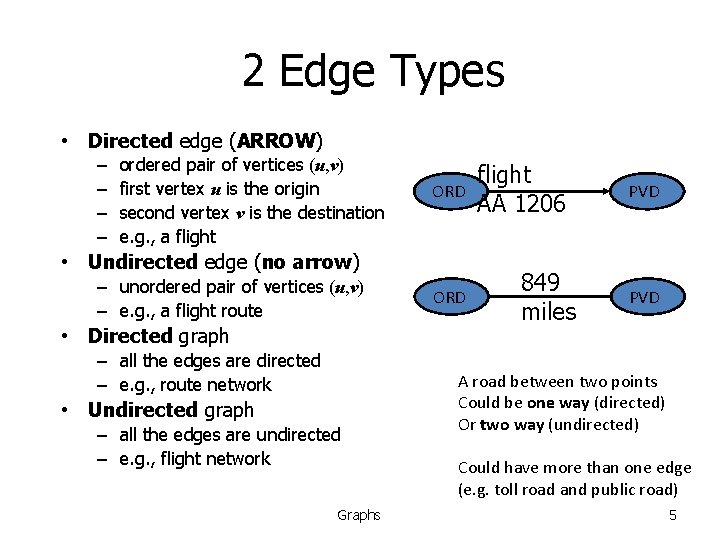 2 Edge Types • Directed edge (ARROW) – – ordered pair of vertices (u,