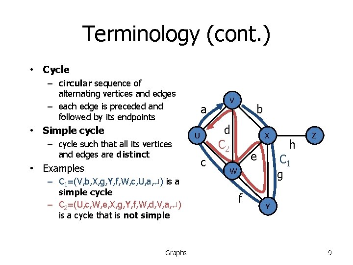 Terminology (cont. ) • Cycle – circular sequence of alternating vertices and edges –