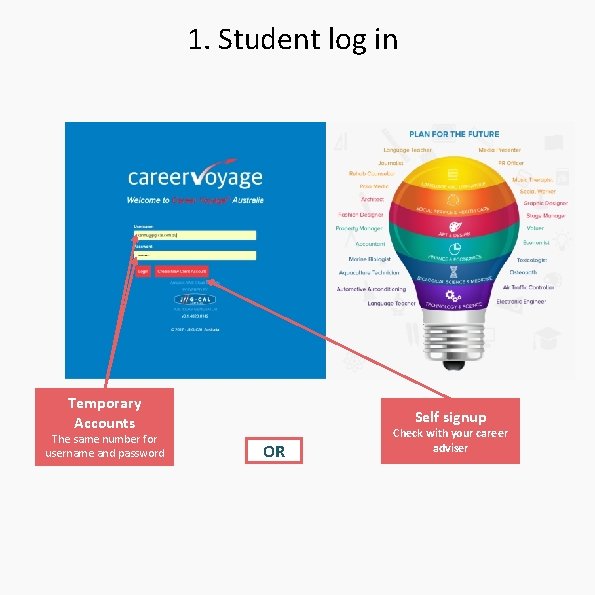 1. Student log in Temporary Accounts The same number for username and password Self 1. Student log in Temporary Accounts The same number for username and password Self