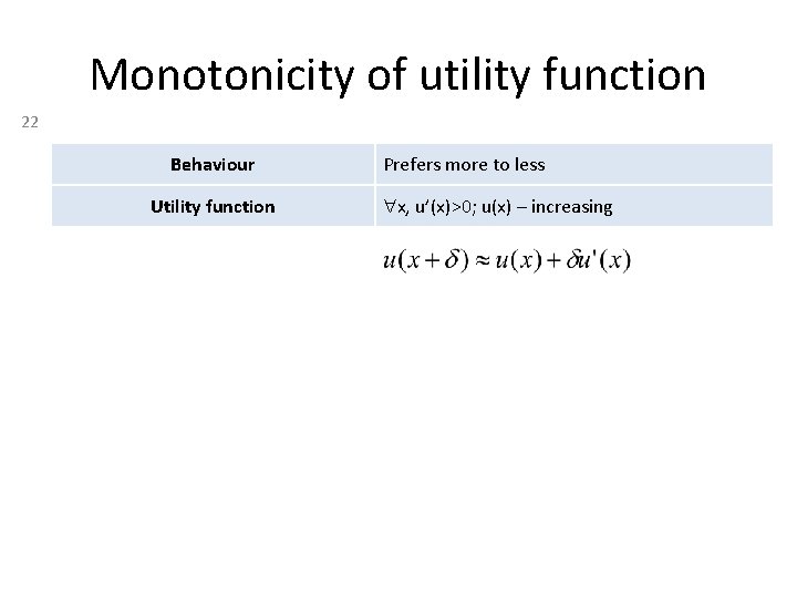 Monotonicity of utility function 22 Behaviour Utility function Prefers more to less x, u’(x)>0;