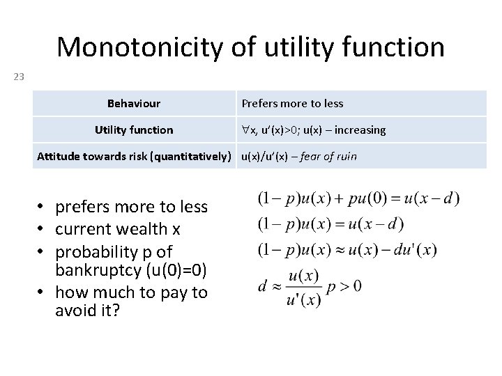 Monotonicity of utility function 23 Behaviour Utility function Prefers more to less x, u’(x)>0;