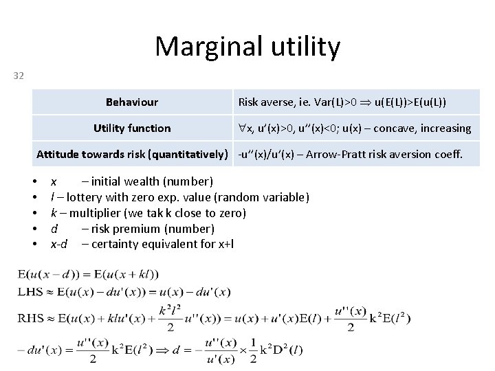 Marginal utility 32 Behaviour Utility function Risk averse, ie. Var(L)>0 u(E(L))>E(u(L)) x, u’(x)>0, u’’(x)<0;