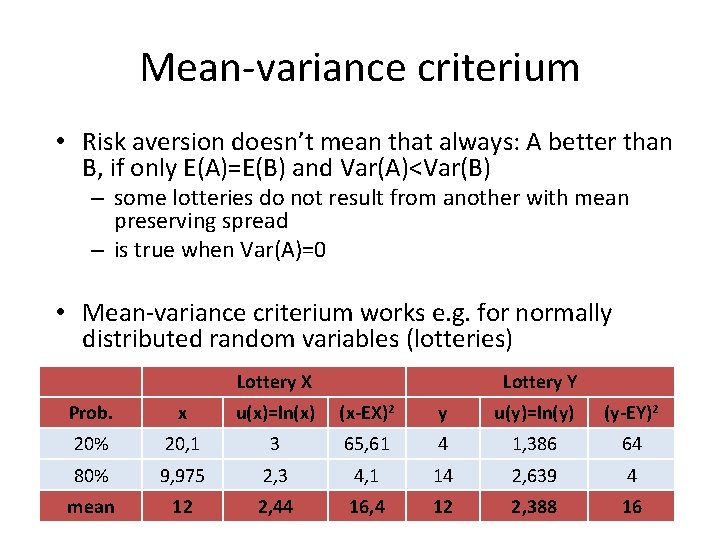 Mean-variance criterium • Risk aversion doesn’t mean that always: A better than B, if