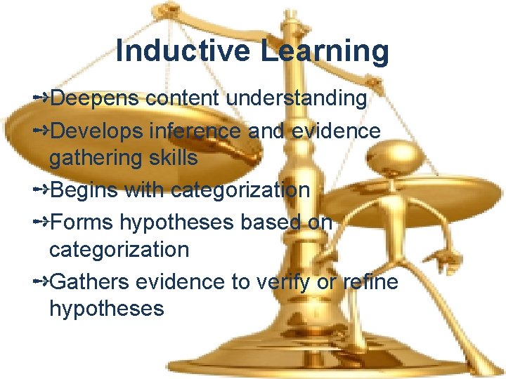 Inductive Learning ➺Deepens content understanding ➺Develops inference and evidence gathering skills ➺Begins with categorization