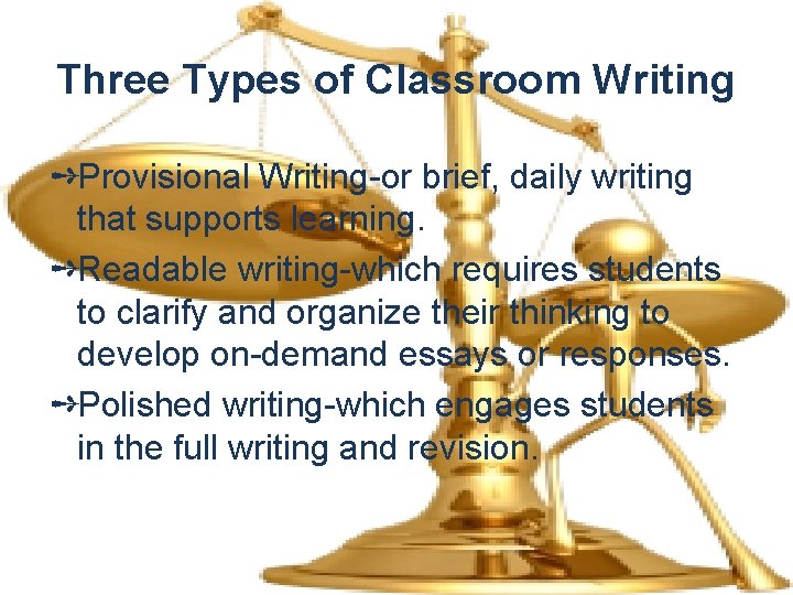 Three Types of Classroom Writing ➺Provisional Writing-or brief, daily writing that supports learning. ➺Readable