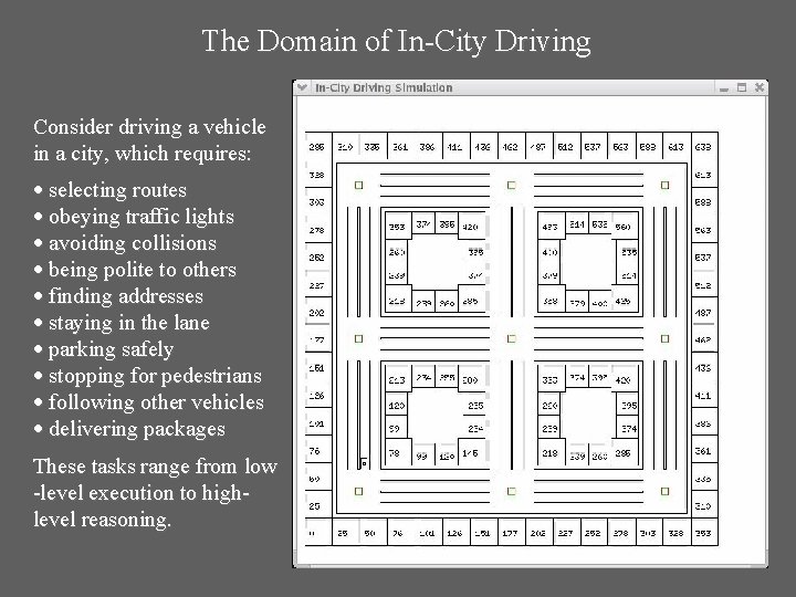 The Domain of In-City Driving Consider driving a vehicle in a city, which requires: