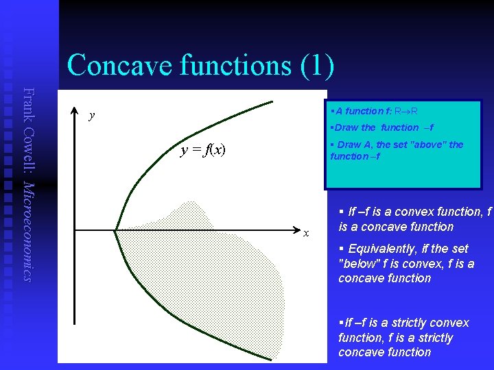 Concave functions (1) Frank Cowell: Microeconomics §A function f: R R y §Draw the
