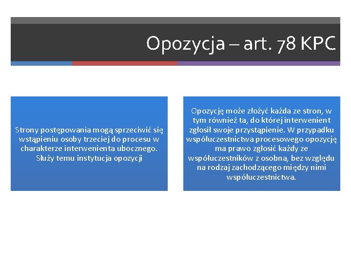 Opozycja – art. 78 KPC Strony postępowania mogą sprzeciwić się wstąpieniu osoby trzeciej do