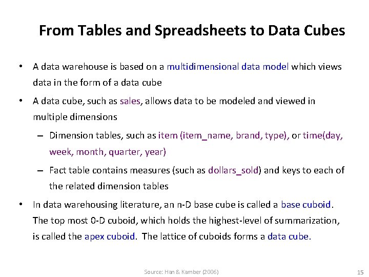 From Tables and Spreadsheets to Data Cubes • A data warehouse is based on
