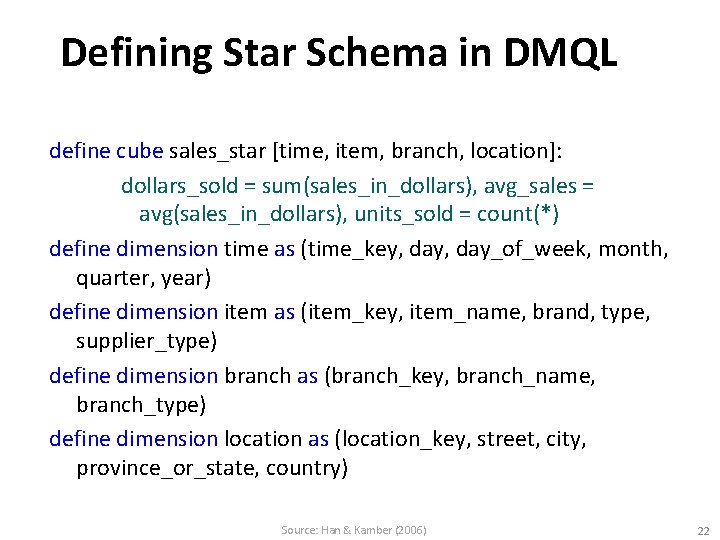 Defining Star Schema in DMQL define cube sales_star [time, item, branch, location]: dollars_sold =