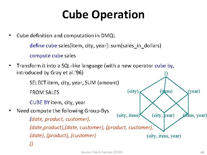 Cube Operation • Cube definition and computation in DMQL define cube sales[item, city, year]: