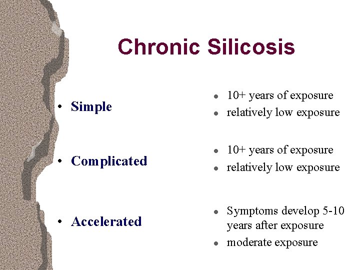 Chronic Silicosis • Simple • Complicated • Accelerated l l l 10+ years of