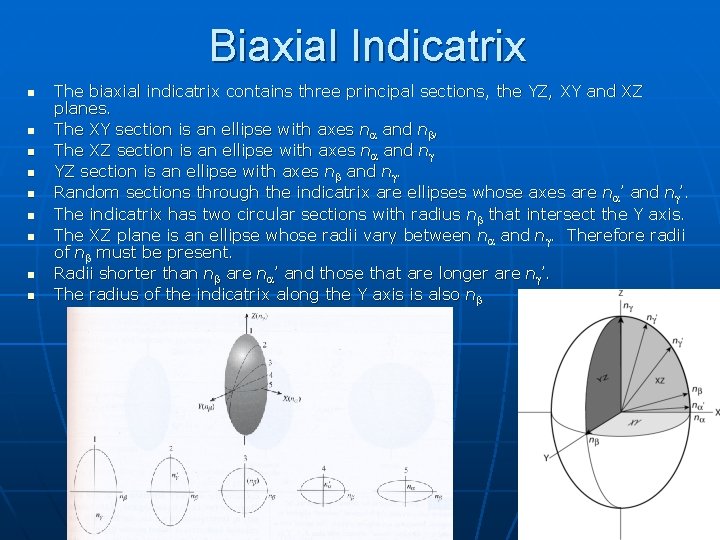 Biaxial Indicatrix n n n n n The biaxial indicatrix contains three principal sections, Biaxial Indicatrix n n n n n The biaxial indicatrix contains three principal sections,