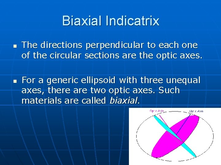 Biaxial Indicatrix n n The directions perpendicular to each one of the circular sections Biaxial Indicatrix n n The directions perpendicular to each one of the circular sections