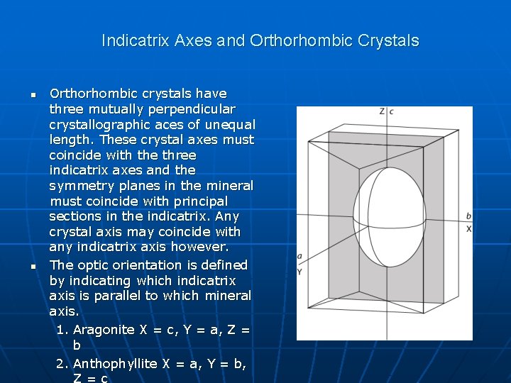 Indicatrix Axes and Orthorhombic Crystals n n Orthorhombic crystals have three mutually perpendicular crystallographic Indicatrix Axes and Orthorhombic Crystals n n Orthorhombic crystals have three mutually perpendicular crystallographic