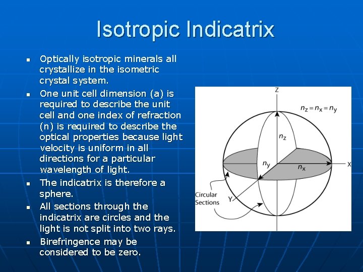 Isotropic Indicatrix n n n Optically isotropic minerals all crystallize in the isometric crystal Isotropic Indicatrix n n n Optically isotropic minerals all crystallize in the isometric crystal