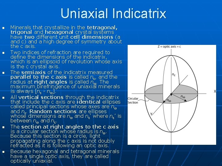 Uniaxial Indicatrix n n n Minerals that crystallize in the tetragonal, trigonal and hexagonal Uniaxial Indicatrix n n n Minerals that crystallize in the tetragonal, trigonal and hexagonal