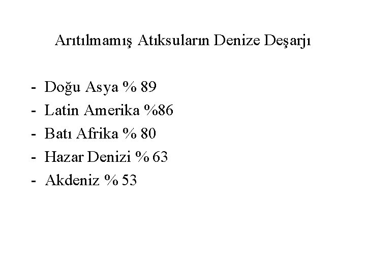 Arıtılmamış Atıksuların Denize Deşarjı - Doğu Asya % 89 Latin Amerika %86 Batı Afrika