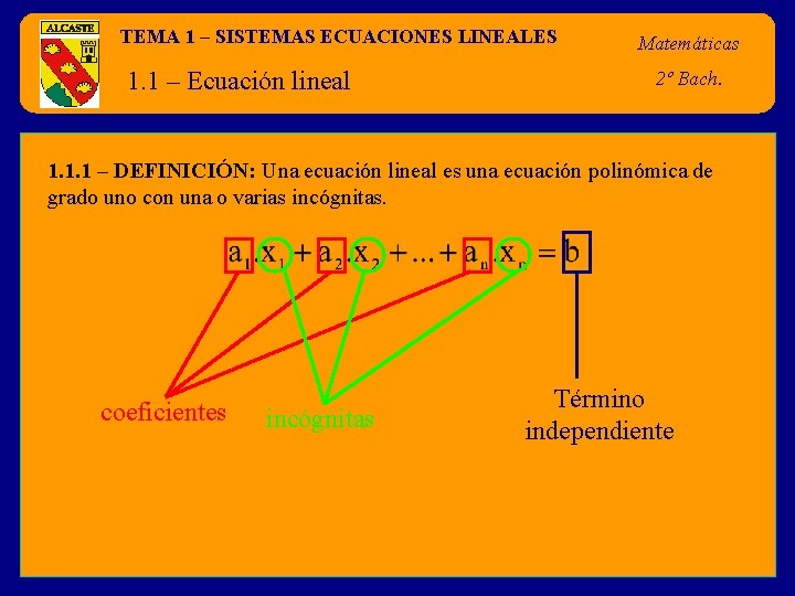 TEMA 1 – SISTEMAS ECUACIONES LINEALES 1. 1 – Ecuación lineal Matemáticas 2º Bach.