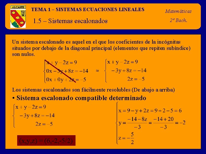 TEMA 1 – SISTEMAS ECUACIONES LINEALES 1. 5 – Sistemas escalonados Matemáticas 2º Bach.