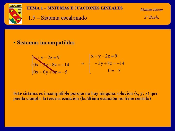 TEMA 1 – SISTEMAS ECUACIONES LINEALES 1. 5 – Sistema escalonado Matemáticas 2º Bach.