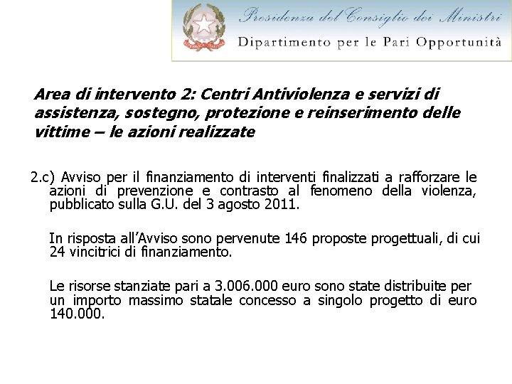 Area di intervento 2: Centri Antiviolenza e servizi di assistenza, sostegno, protezione e reinserimento