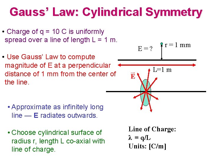 Gauss’ Law: Cylindrical Symmetry • Charge of q = 10 C is uniformly spread