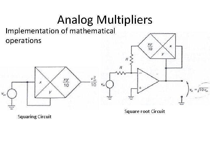 Analog Multipliers Implementation of mathematical operations Square root Circuit Squaring Circuit Operational Amplifiers and Analog Multipliers Implementation of mathematical operations Square root Circuit Squaring Circuit Operational Amplifiers and