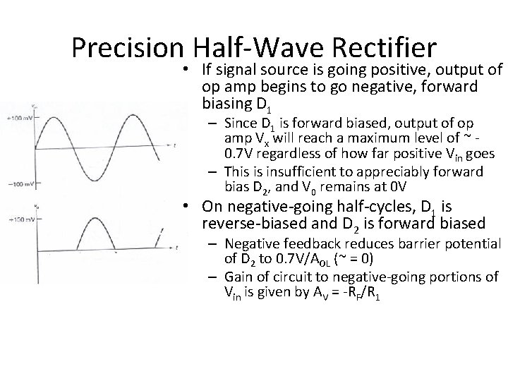 Precision Half-Wave Rectifier • If signal source is going positive, output of op amp Precision Half-Wave Rectifier • If signal source is going positive, output of op amp