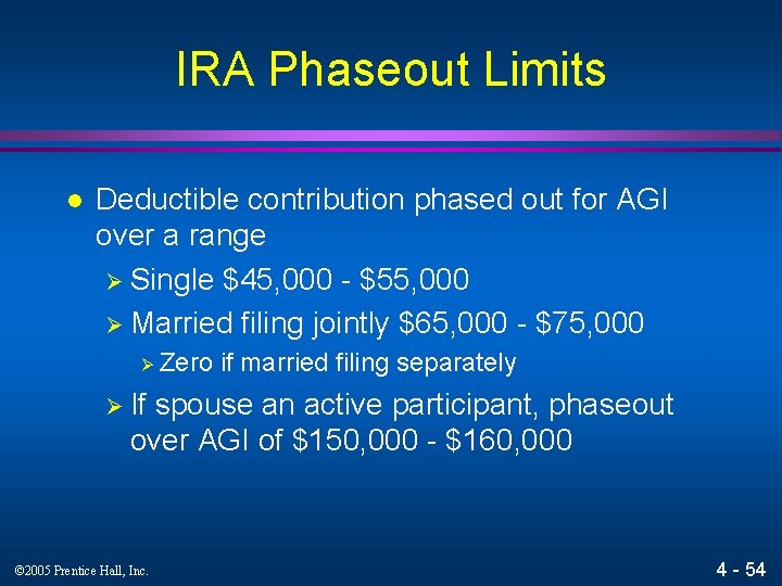 IRA Phaseout Limits l Deductible contribution phased out for AGI over a range Ø