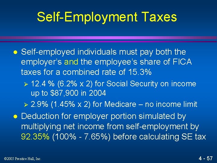 Self-Employment Taxes l Self-employed individuals must pay both the employer’s and the employee’s share