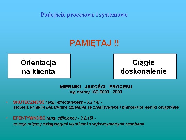 Podejście procesowe i systemowe PAMIĘTAJ !! Orientacja na klienta Ciągłe doskonalenie MIERNIKI JAKOŚCI PROCESU