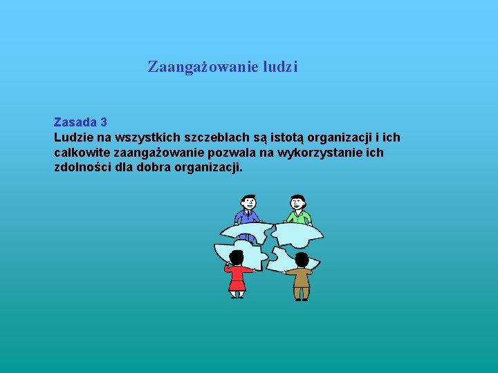 Zaangażowanie ludzi Zasada 3 Ludzie na wszystkich szczeblach są istotą organizacji i ich całkowite