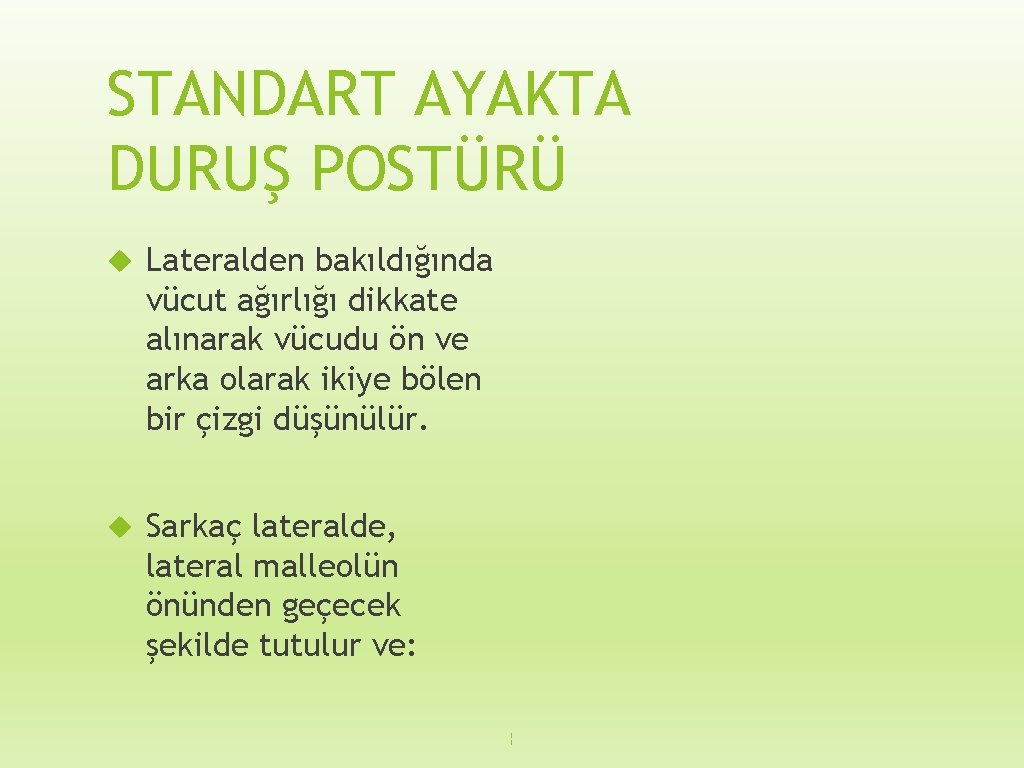 STANDART AYAKTA DURUŞ POSTÜRÜ Lateralden bakıldığında vücut ağırlığı dikkate alınarak vücudu ön ve arka