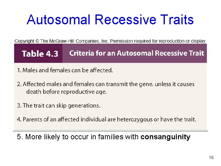 Autosomal Recessive Traits 5. More likely to occur in families with consanguinity 16 
