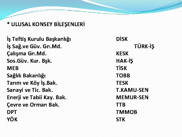 * ULUSAL KONSEY BİLEŞENLERİ İş Teftiş Kurulu Başkanlığı İş Sağ. ve Güv. Gn. Md.