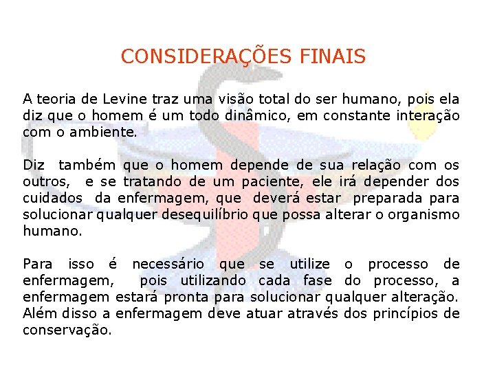 CONSIDERAÇÕES FINAIS A teoria de Levine traz uma visão total do ser humano, pois