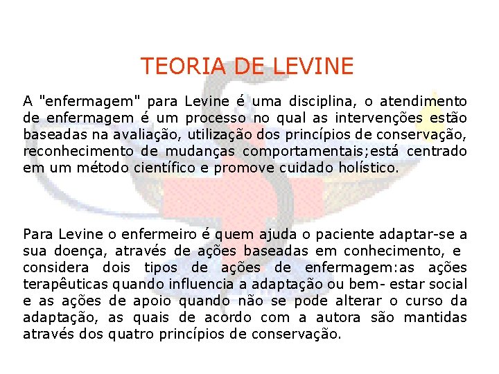 TEORIA DE LEVINE A "enfermagem" para Levine é uma disciplina, o atendimento de enfermagem
