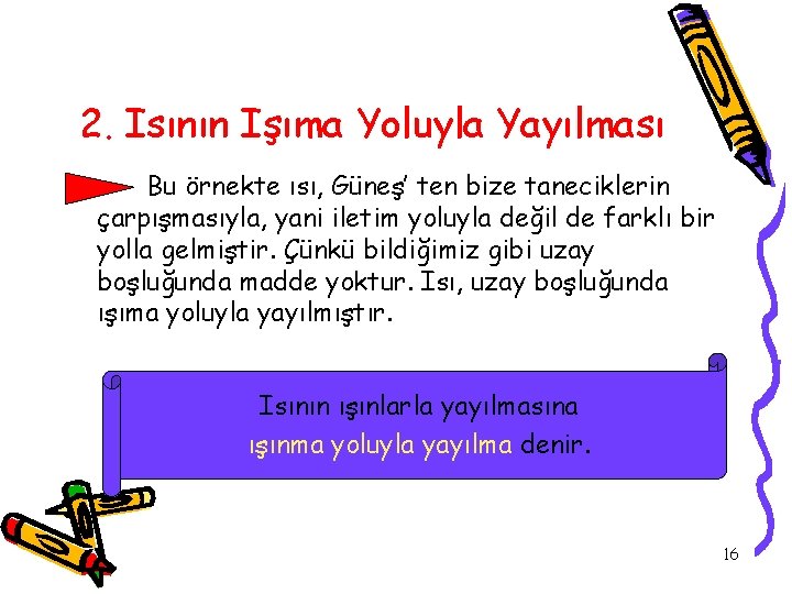 2. Isının Işıma Yoluyla Yayılması Bu örnekte ısı, Güneş’ ten bize taneciklerin çarpışmasıyla, yani
