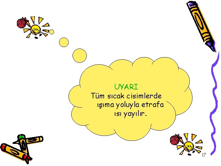 UYARI Tüm sıcak cisimlerde ışıma yoluyla etrafa ısı yayılır. 17 