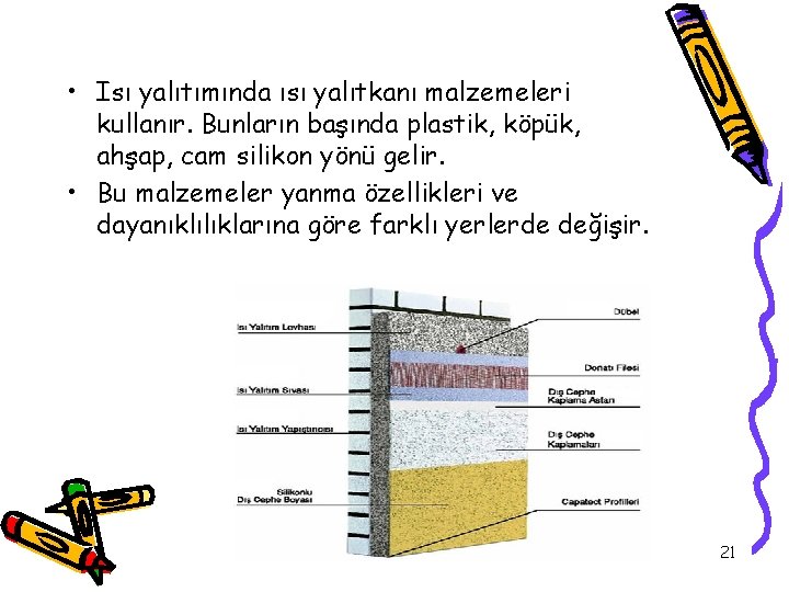  • Isı yalıtımında ısı yalıtkanı malzemeleri kullanır. Bunların başında plastik, köpük, ahşap, cam