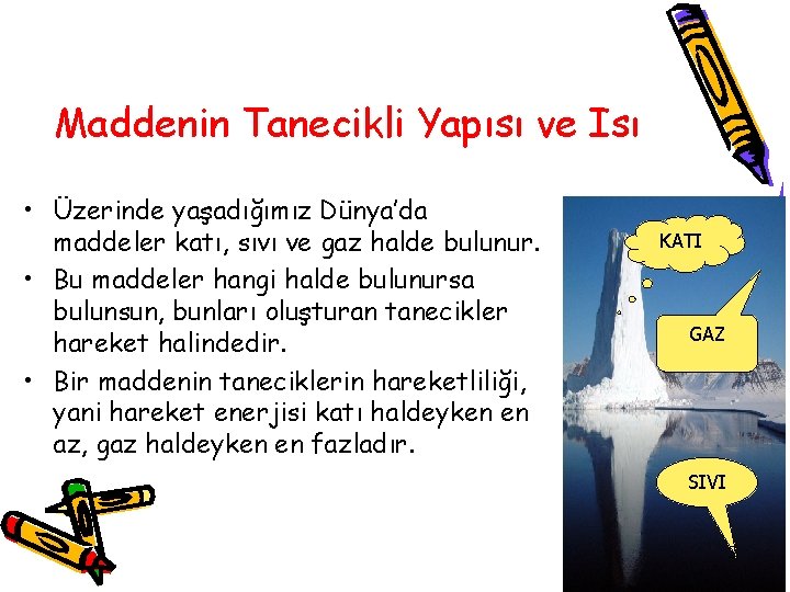 Maddenin Tanecikli Yapısı ve Isı • Üzerinde yaşadığımız Dünya’da maddeler katı, sıvı ve gaz