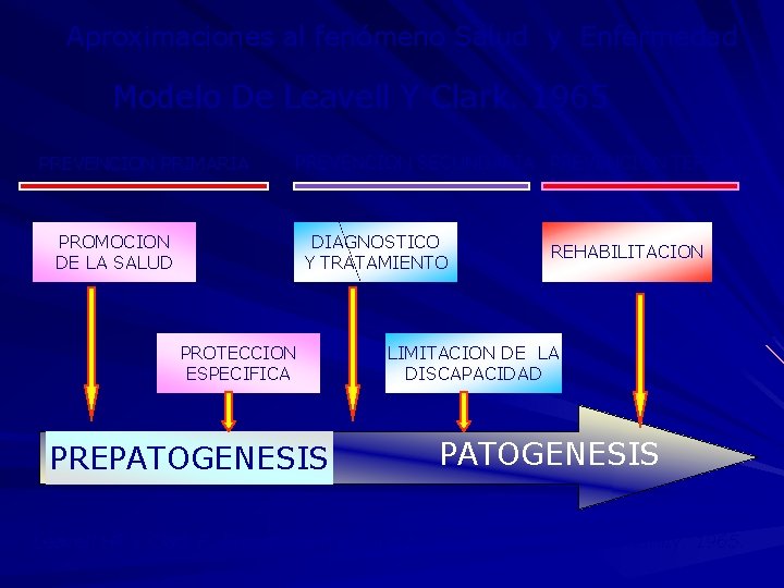 Aproximaciones al fenómeno Salud y Enfermedad Modelo De Leavell Y Clark. 1965 PREVENCION PRIMARIA