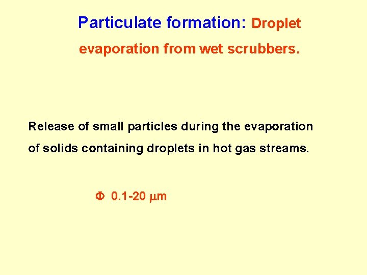 Particulate formation: Droplet evaporation from wet scrubbers. Release of small particles during the evaporation