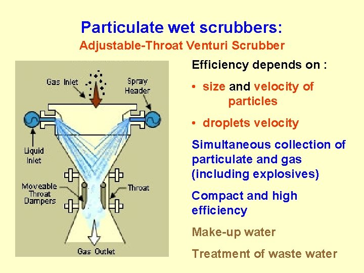 Particulate wet scrubbers: Adjustable-Throat Venturi Scrubber Efficiency depends on : • size and velocity