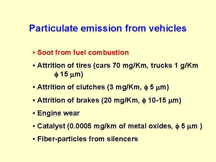 Particulate emission from vehicles • Soot from fuel combustion • Attrition of tires (cars