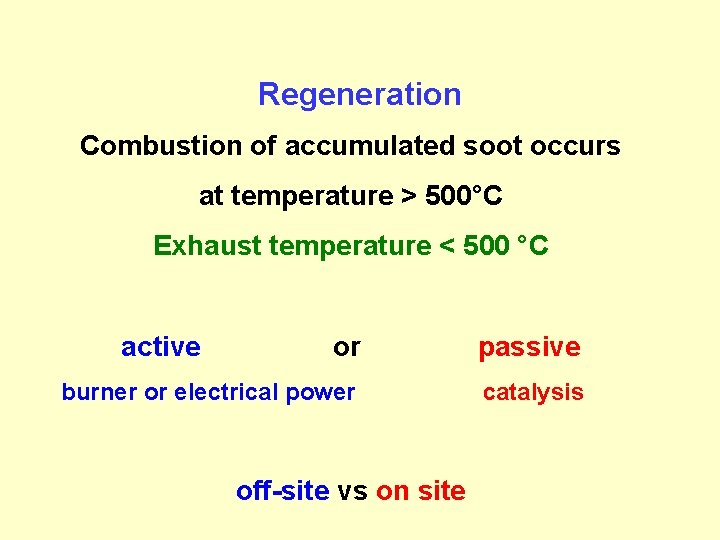 Regeneration Combustion of accumulated soot occurs at temperature > 500°C Exhaust temperature < 500