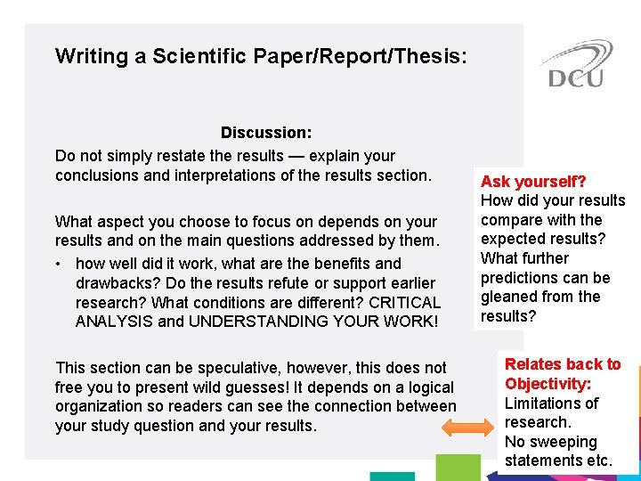 Writing a Scientific Paper/Report/Thesis: Discussion: Do not simply restate the results — explain your