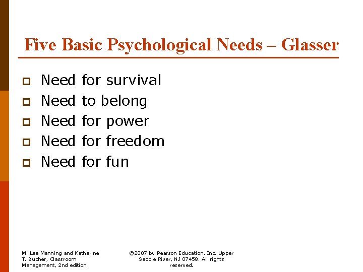 Five Basic Psychological Needs – Glasser Need for survival p Need to belong p