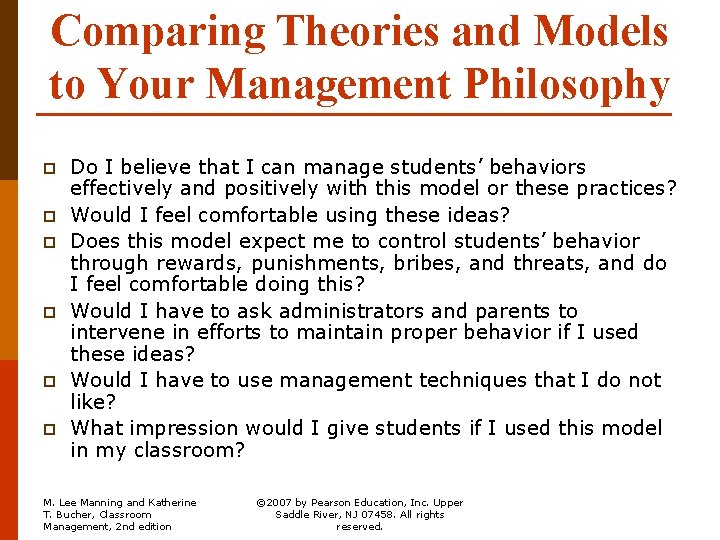 Comparing Theories and Models to Your Management Philosophy p p p Do I believe
